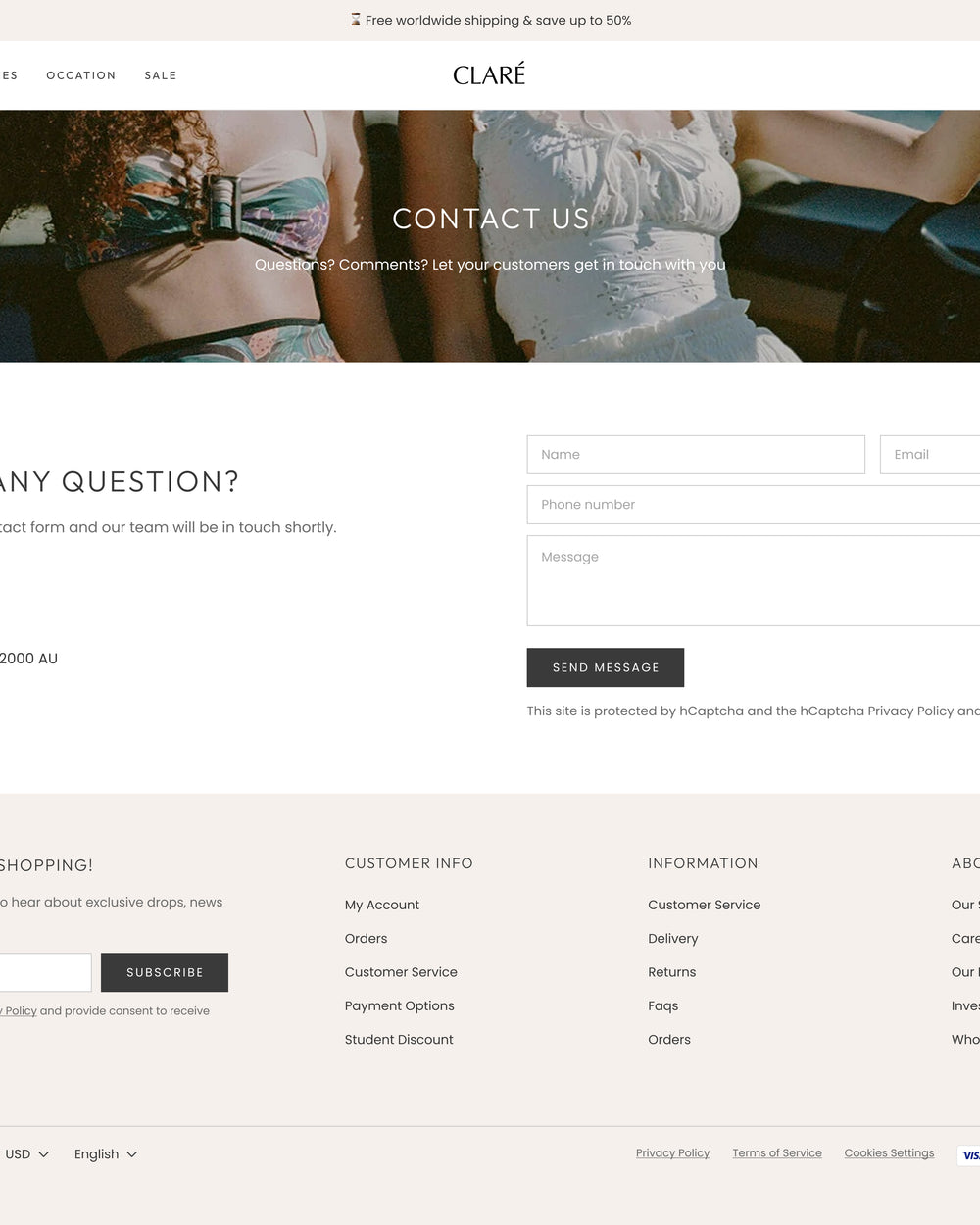 Claré - Clothing Contact Page Template for Shopify | Ecombe