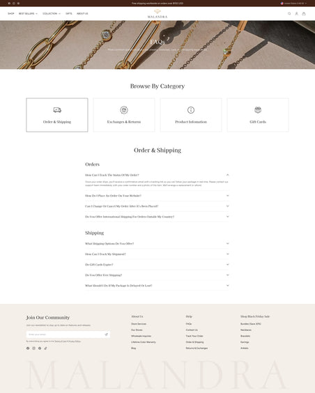 Malandra - Jewelry & Accessories FAQ Page Template for Shopify | Ecombe