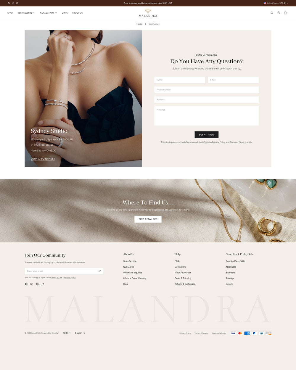 Malandra - Jewelry & Accessories Contact Page Template for Shopify | Ecombe