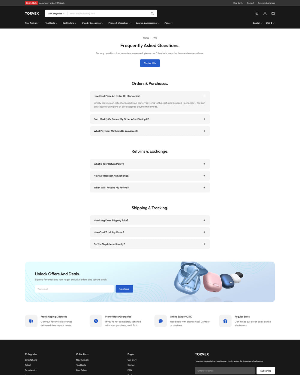 Torvex - Electronics FAQ Page Template for Shopify | Ecombe