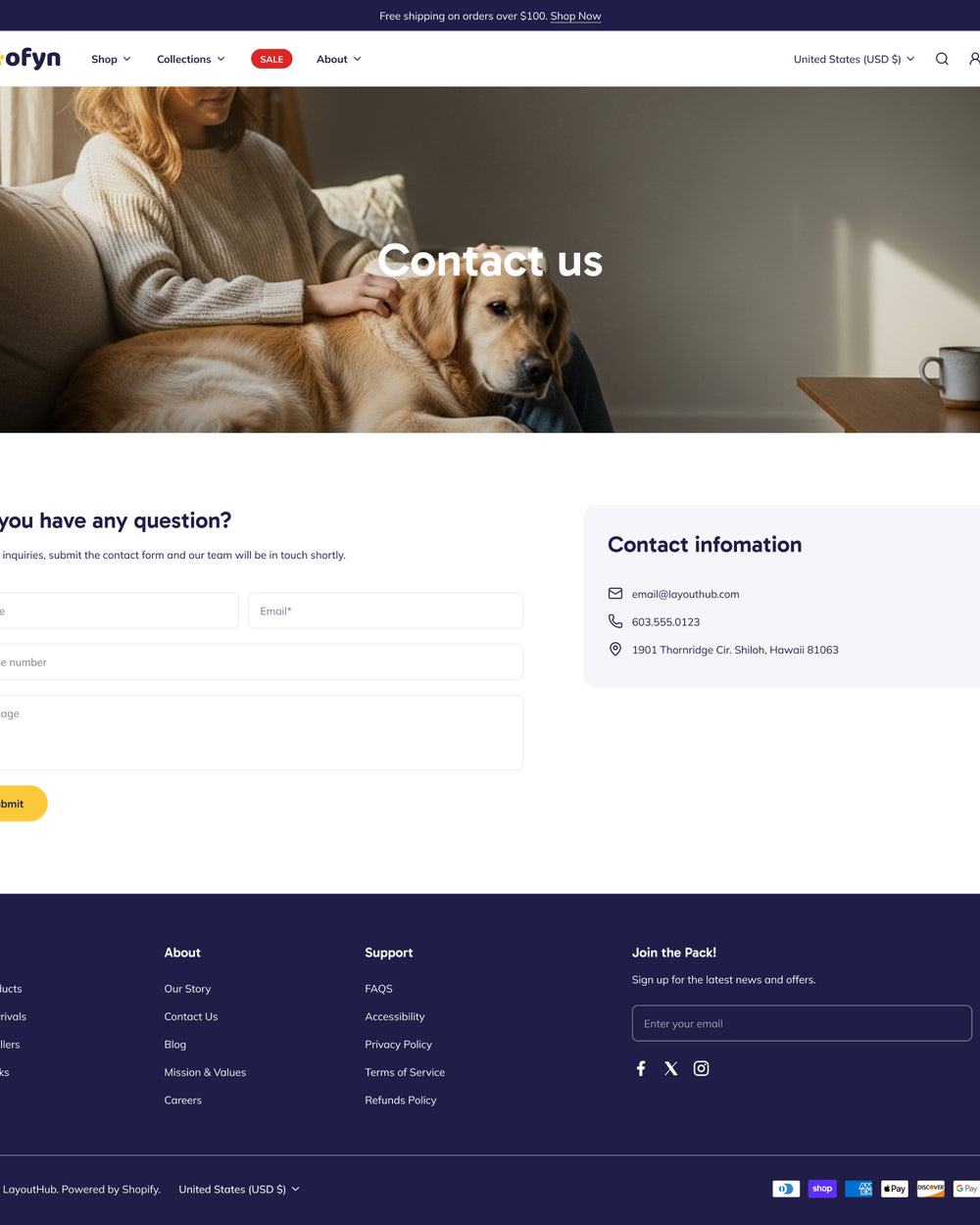 Wofyn - Pets Contact Page Template for Shopify | Ecombe